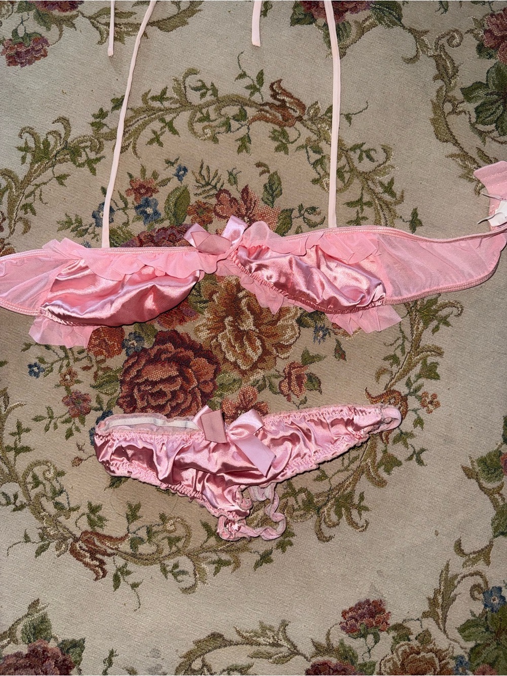 Pink Satin Ruffle Bralette & Thong Set